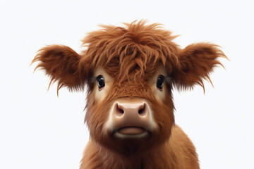 Adorable 3D cartoon red angus cattle close-up portrait on a white background.