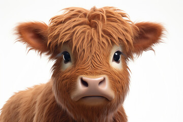 Adorable 3D cartoon red angus cattle close-up portrait on a white background.