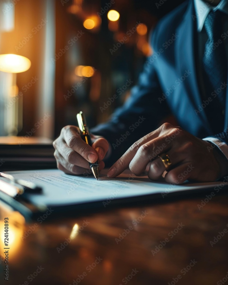 Poster a man in a suit is signing a document on a table. generative ai.