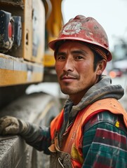 A man in an orange vest and hard hat standing next to a construction vehicle. Generative AI.