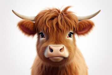 Adorable 3D cartoon red angus cattle close-up portrait on a white background.