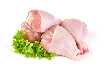 Raw chicken legs, isolated on white background.