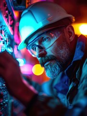 Fototapeta premium A man in a hard hat and glasses working on a computer. Generative AI.