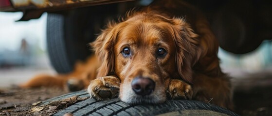 A dog laying on top of a tire. Generative AI.