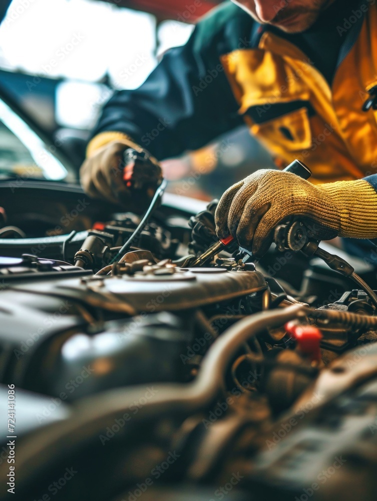 Aufkleber a man in yellow and yellow is working on the engine of a car. generative ai.