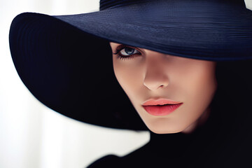 Elegant lady head wearing wide black broad brimmed hat hiding half face close up