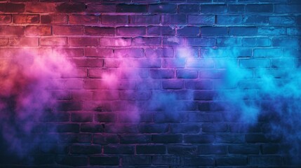 Neon light casting colorful glows on a textured brick wall, with swirling smoke