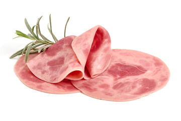 Thinly Sliced Ham, boiled sausage, close-up, isolated on white background.