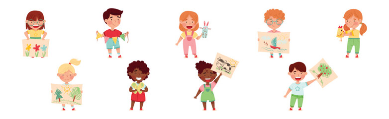 Creative Kids Showing Paper Drawing and Handcrafted Object Vector Set