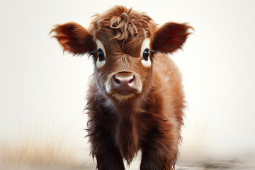 Adorable 3D cartoon red angus cattle close-up portrait on a white background.