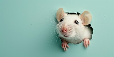 Banner with copy space and a sweet white rat's head poking through a hole in a pastel teal background, ideal for pet store advertising and small pet promotions.