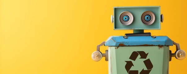 Banner with a cute robot and copy space featuring recycling symbols, against a vibrant yellow backdrop, representing the intersection of technology and waste management.