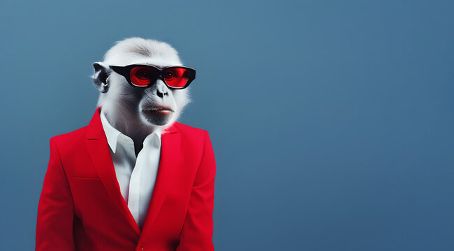 Studio portrait of funny monkey in sunglasses wearing white shirt and red suit jacket. Caricature of boss and busy businessman