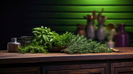 Fresh spices rosemary, mint, basil and other aromatic herbs are lying on wooden table on dark background. Fresh twigs green healthy fragrant spice ready for use. Close-up. Copy space.