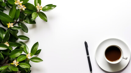 Laptop and a cup of coffee on office desk,  Aesthetic minimal office desk table with clipboard mockup, coffee cup, stationery and eucalyptus leaves on green background. Flat lay, top view.