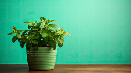 Green mint seedlings in ceramic pot on wooden table, on turquoise background. Bright sunlight illuminates green aromatic plant. Concept of gardening, growing herbs. Harvest on windowsill. Close-up.