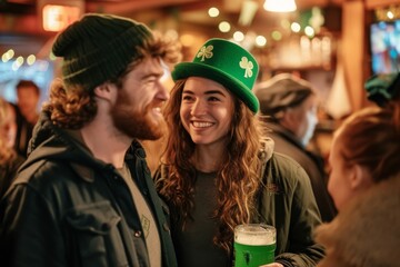 Joyful St. Patrick's Day Celebration in Bar.
Smiling couple with green attire on St. Paddy's.