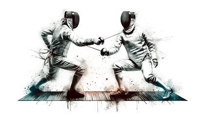 Two fencers engaged in a dynamic duel, their movements captured in a stylized monochromatic illustration with splashes of ink and a sense of motion.Sports concept. AI generated.