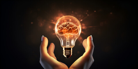  Businessman holding glowing lightbulb to creative smart thinking idea for inspiration and innovation concept.