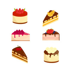 Collection of cake slices. Chocolate, strawberry, raspberry, orange, cherry, banana and blueberry cake. Cartoon vector illustration. Set for cafe sweet dessert menu. 