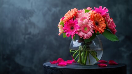 Vibrant gerbera daisies in glass vase against dark textured background, elegant floral arrangement