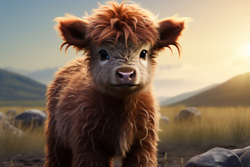 Adorable 3D cartoon red angus cattle close-up portrait in a natural setting