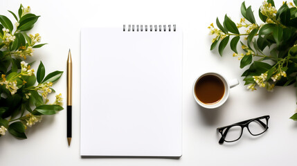 Empty notepad with coffee cup on white table,  Minimal style feminine workspace. Modern office desk with computer keyboard, coffee cup, glasses, notebook, envelope, blank paper card on white backgroun