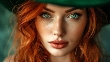Red-haired Woman in Festive Green Hat.
Portrait of a red-haired woman with striking green eyes wearing a festive green hat.