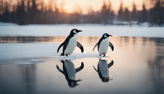 penguen running on ice to the camera, warm light
