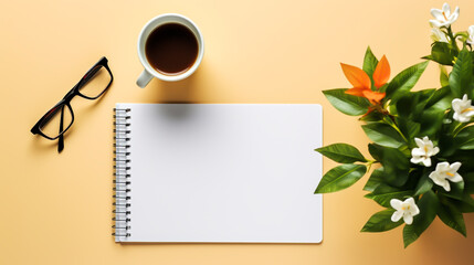 Empty notepad with coffee cup on white table,  Minimal style feminine workspace. Modern office desk with computer keyboard, coffee cup, glasses, notebook, envelope, blank paper card on white backgroun
