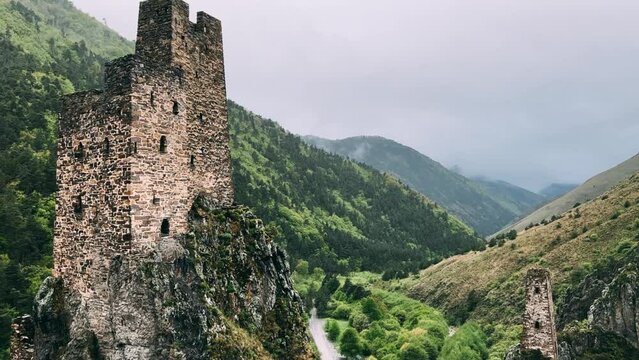 The tower complex of Vovnushki. The Republic of Ingushetia, Russia. View of the Ingush defensive towers inside the North Caucasus. 4K