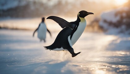 Obraz premium penguen running on ice to the camera, warm light 