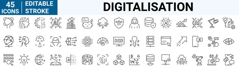 Digitalisation web icons. Digital technology icons such as cloud computing, artificial intelligence, mobile payment, coding, chip, vr glasses, innovation, network.