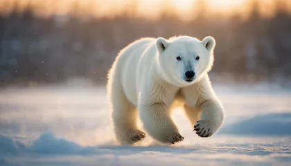 Foto op Canvas polar bear cub running on ice to the camera, warm light  © abu