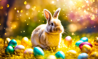 Fototapeta na wymiar Easter eggs and bunny beautiful background. Selective focus.