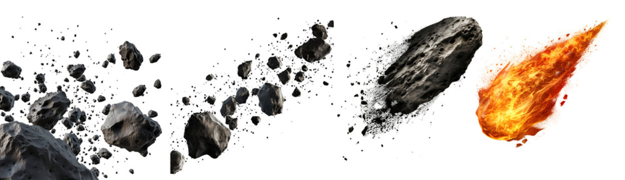 Comet, Stone, Fire Meteor: A Set of Meteor and Swarm of Asteroids, Isolated on Transparent Background, PNG