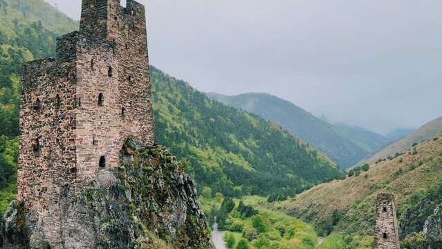 The tower complex of Vovnushki. The Republic of Ingushetia, Russia. View of the Ingush defensive towers inside the North Caucasus. 4K