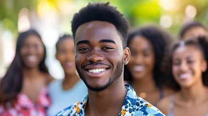 Handsome black man stands surrounded by female admirers - obrazy, fototapety, plakaty