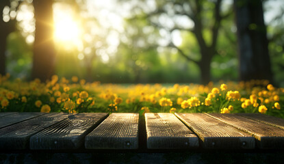 wooden patio bench and green field in - obrazy, fototapety, plakaty