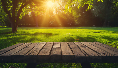 wooden patio bench and green field in - obrazy, fototapety, plakaty