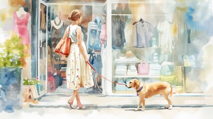 Colorful watercolor scene of a woman and dog gazing into a fashion store window