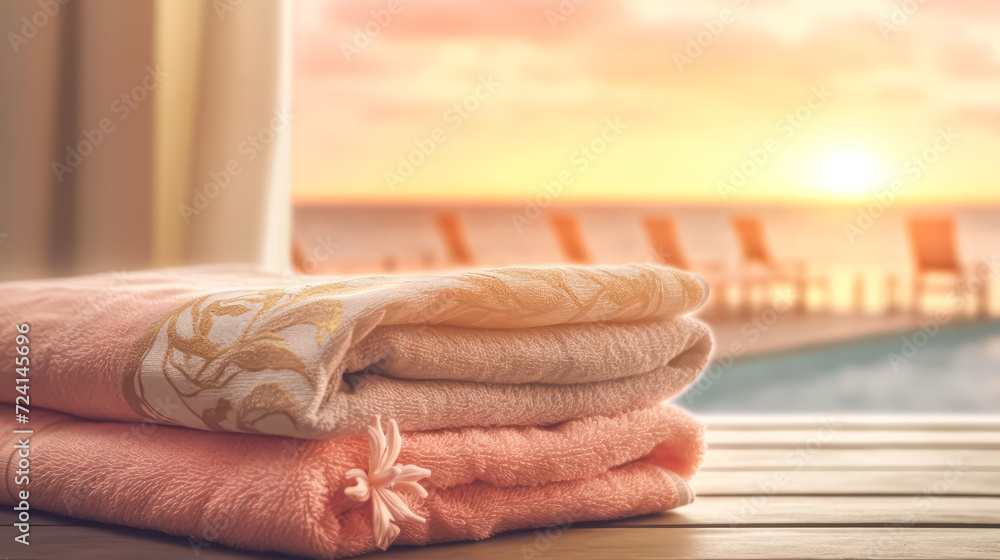 Poster a stack of towels rests on a table against the backdrop of a beach sunset