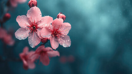 Pink cherry blossoms bloom against a blurred blue background.
