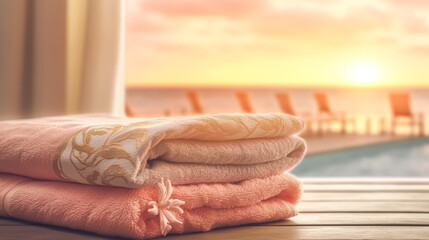 A stack of towels rests on a table against the backdrop of a beach sunset