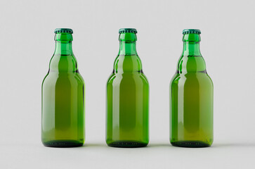 Green steinie beer bottle mockup on a grey background.