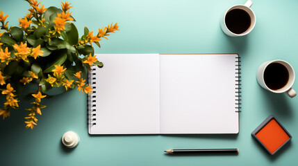 Empty notepad with coffee cup on white table,  Minimal style feminine workspace. Modern office desk with computer keyboard, coffee cup, glasses, notebook, envelope, blank paper card on white backgroun