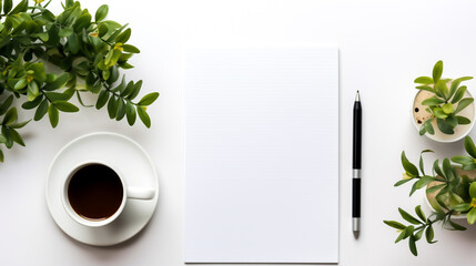 Empty notepad with coffee cup on white table,  Minimal style feminine workspace. Modern office desk with computer keyboard, coffee cup, glasses, notebook, envelope, blank paper card on white backgroun