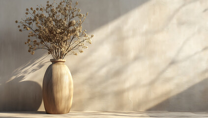 wooden vase with dried flowers on background 3d rende - obrazy, fototapety, plakaty