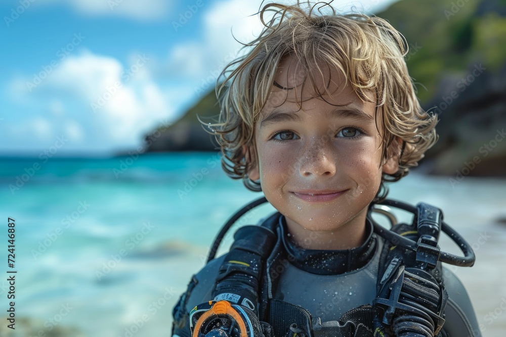 Poster child at diving lessons. background with selective focus and copy space