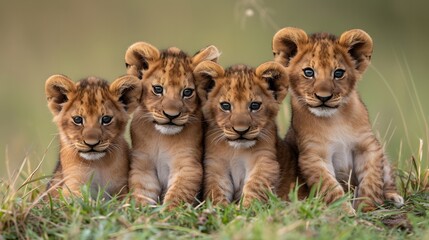 Four cute lion cubs sit together on a bank in the African wilderness - Powered by Adobe